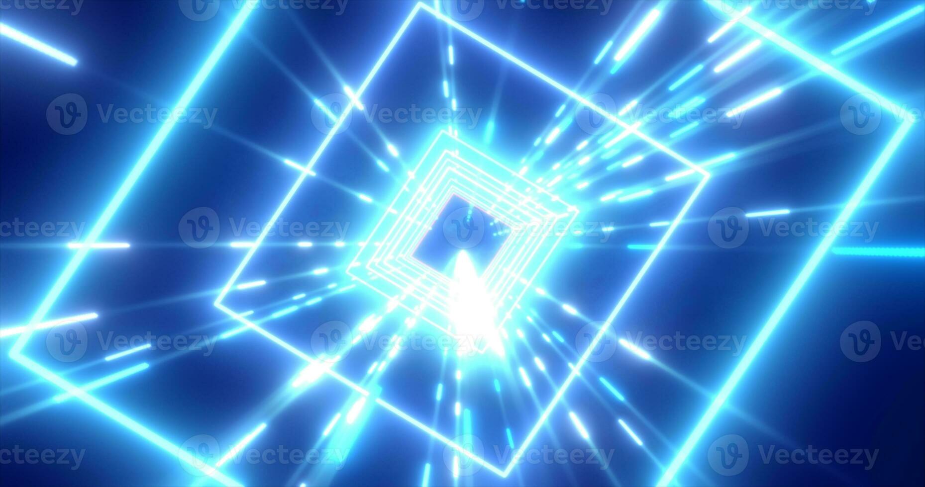 Abstract blue energy futuristic hi-tech square tunnel of flying lines neon magic glowing background photo