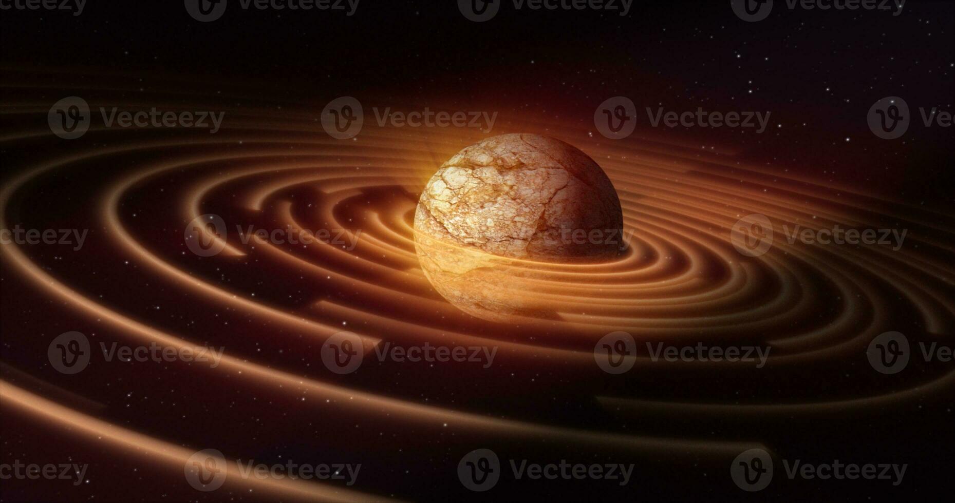 Abstract yellow brown space planet with a round asteroid belt ring futuristic hi-tech on the background of stars in open space photo