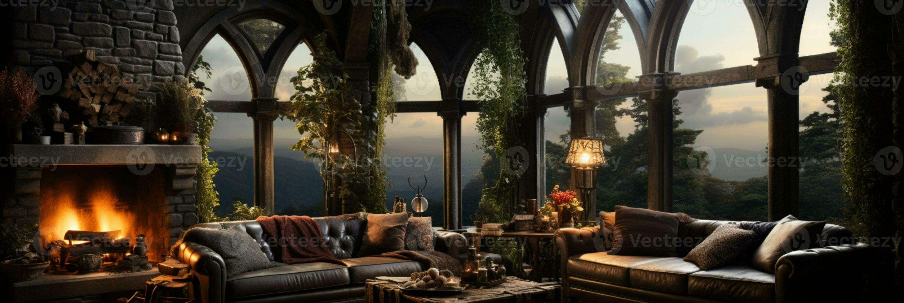 Interior Design, Beautiful Living room Gothic Style, Luxury Mansion, Elegant tall window, AI Generative photo