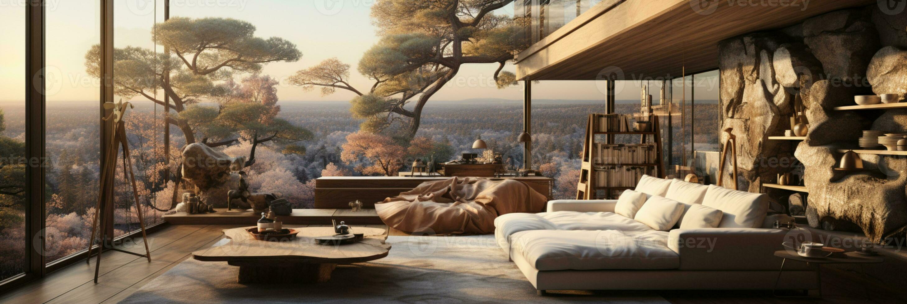 Interior Design, Minimalistic Living room with serene nature view, Beautiful villa design in the forest, AI Generative photo