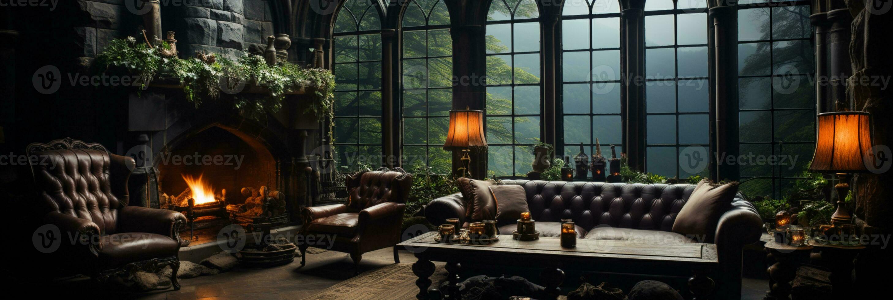 Interior Design, Beautiful Living room Gothic Style, Luxury Mansion, Elegant tall window, AI Generative photo