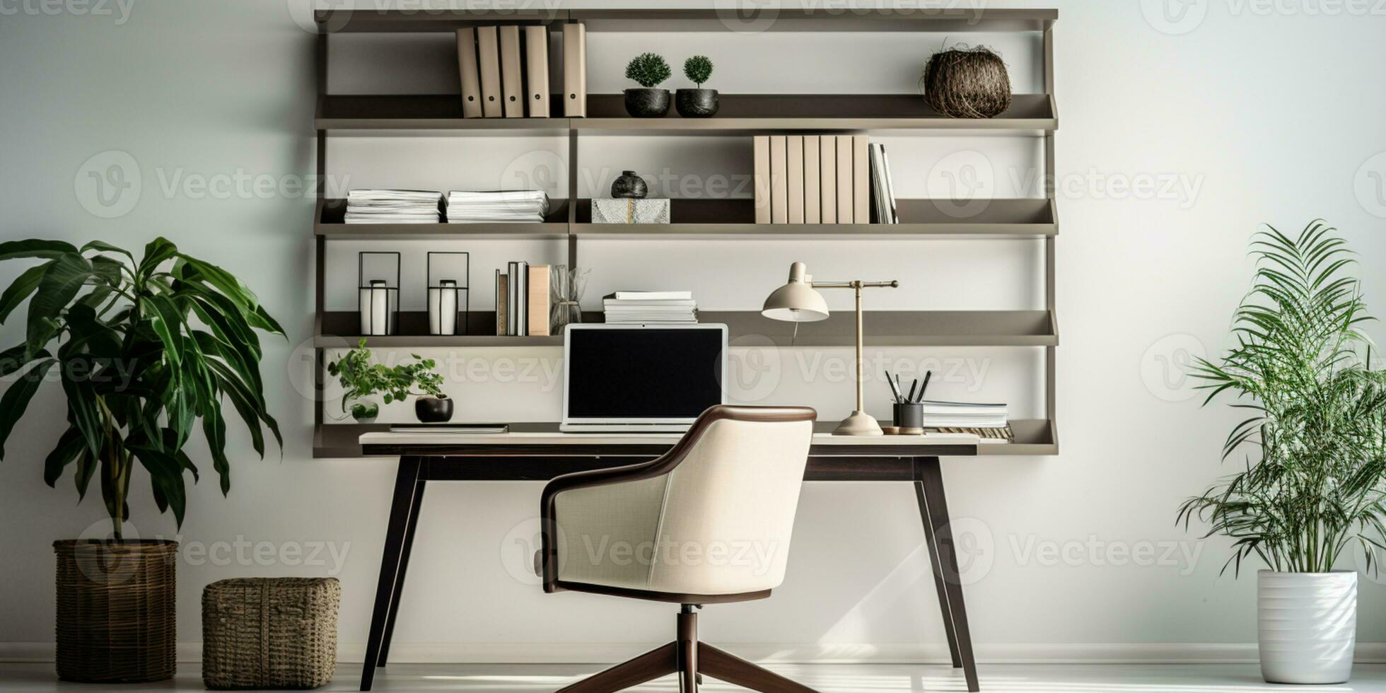 Contemporary furnished home office, comfortable office, workspace with desk and chair, stylish interior design, AI Generative photo