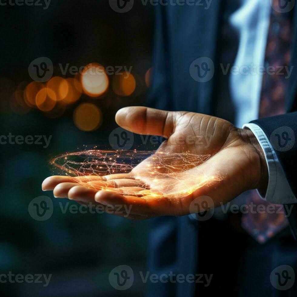 Businessman touching digital layer effect, Activated modern technology, business strategy concept, High-Tech Electronics, Data mining, artificial intelligence, business analytics, AI Generative photo