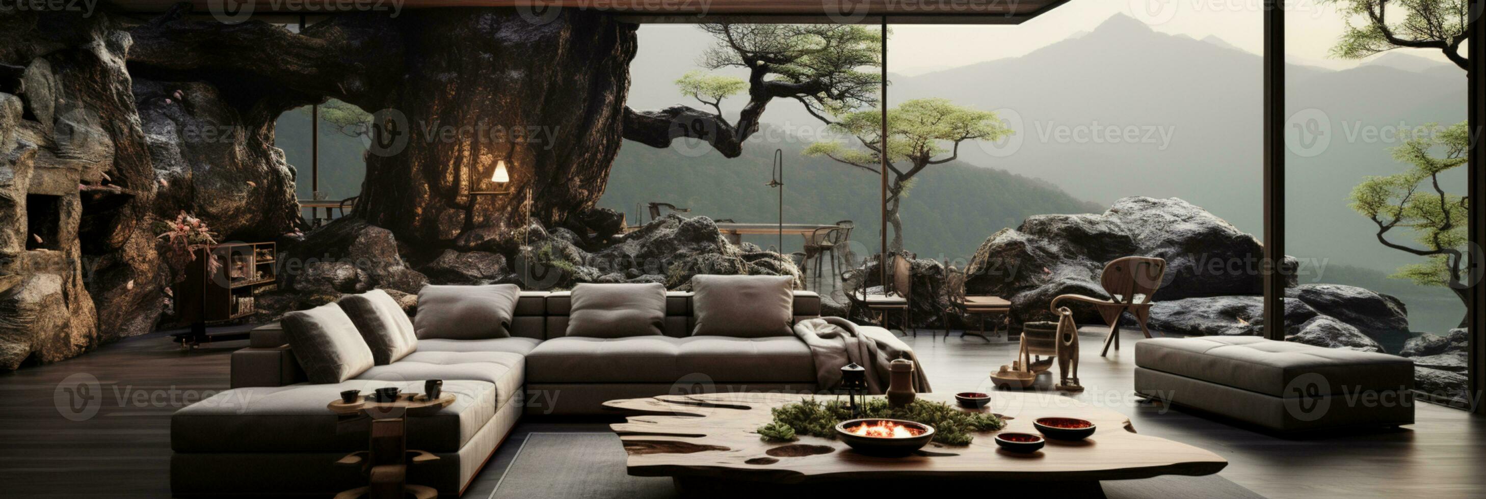 Interior Design, Living room with serene nature view, Beautiful mansion design in the forest, AI Generative photo