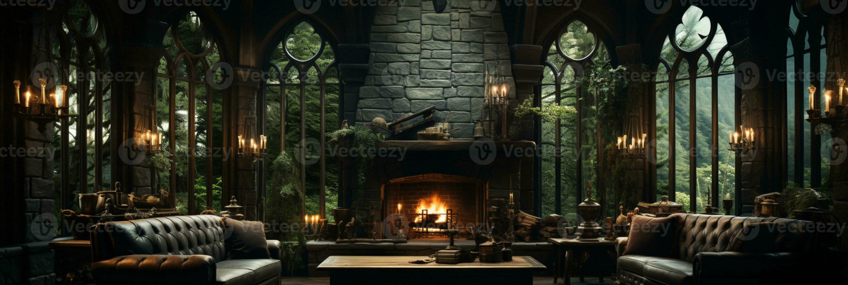 Interior Design, Beautiful Living room Gothic Style, Luxury Mansion, Elegant tall window, AI Generative photo
