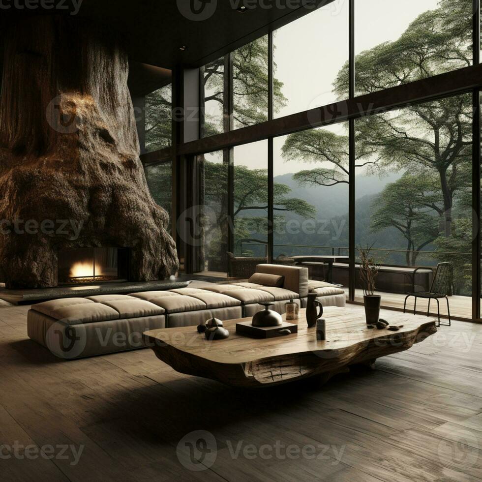 Interior Design, Living room with serene nature view, Beautiful mansion design in the forest, AI Generative photo