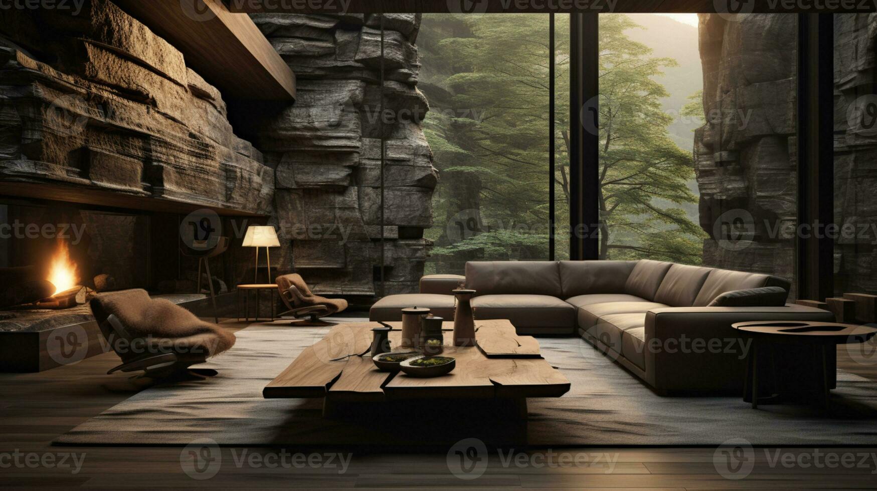 Interior Design, Living room with serene nature view, Beautiful mansion design in the forest, AI Generative photo