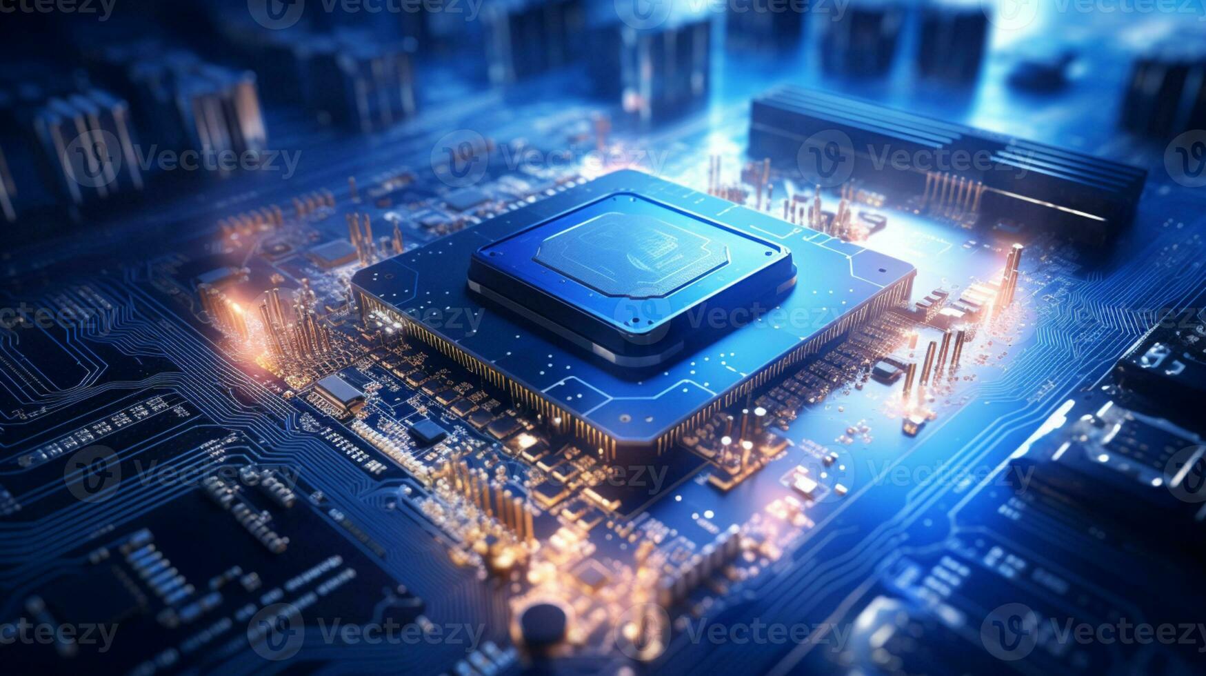 High-tech Computer chip close up shot, production of electronic, circuit board, futuristic design, extreme detail, AI Generative photo