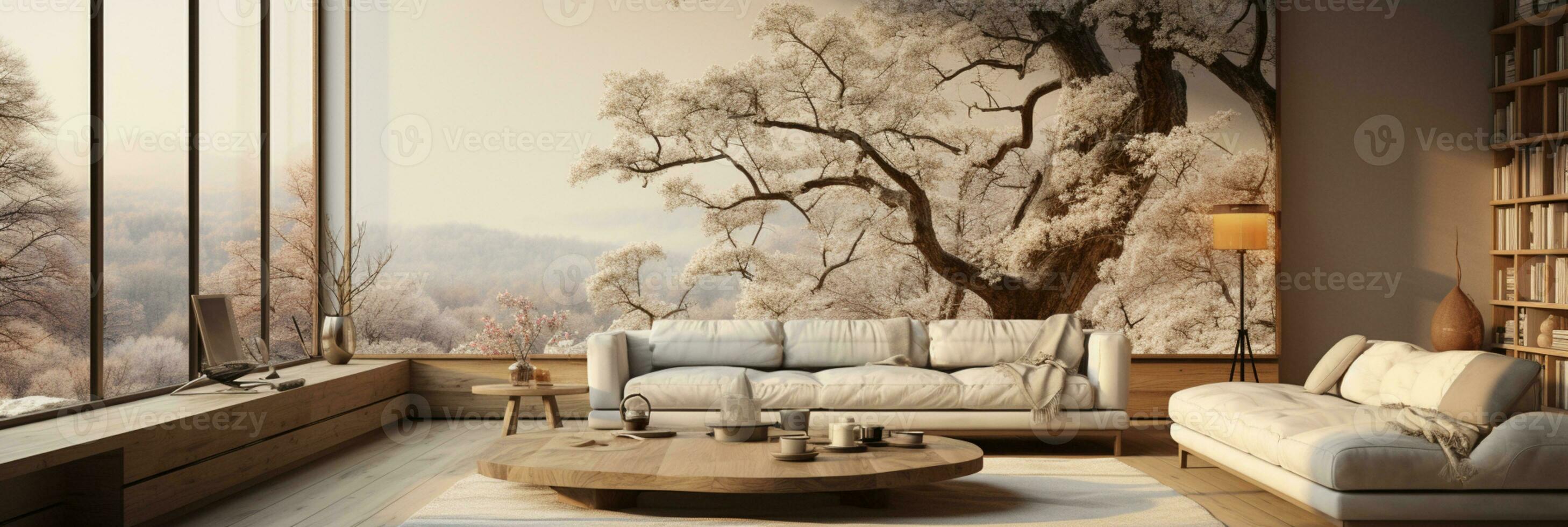 Interior Design, Minimalistic Living room with serene nature view, Beautiful villa design in the forest, AI Generative photo