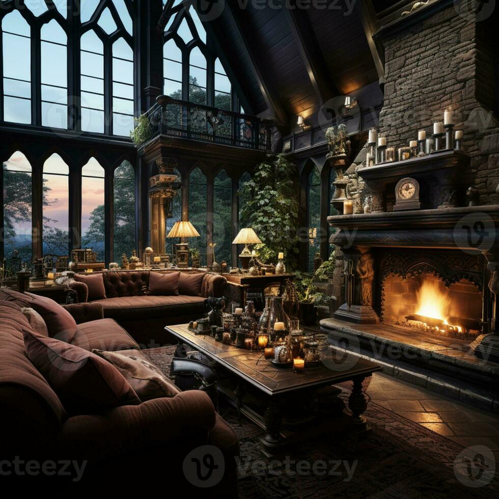 Interior Design, Beautiful Living room Gothic Style, Luxury Mansion, Elegant tall window, AI Generative photo