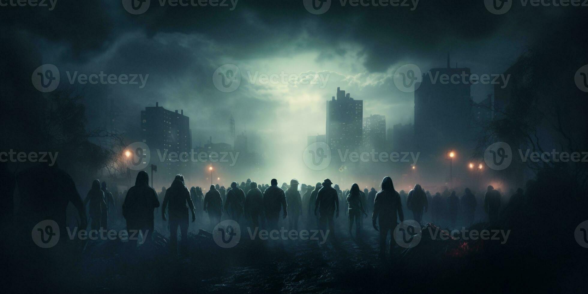 Ghost scenery Halloween background, Zombie Apocalypse, scary haunted cemetery, AI Generative photo