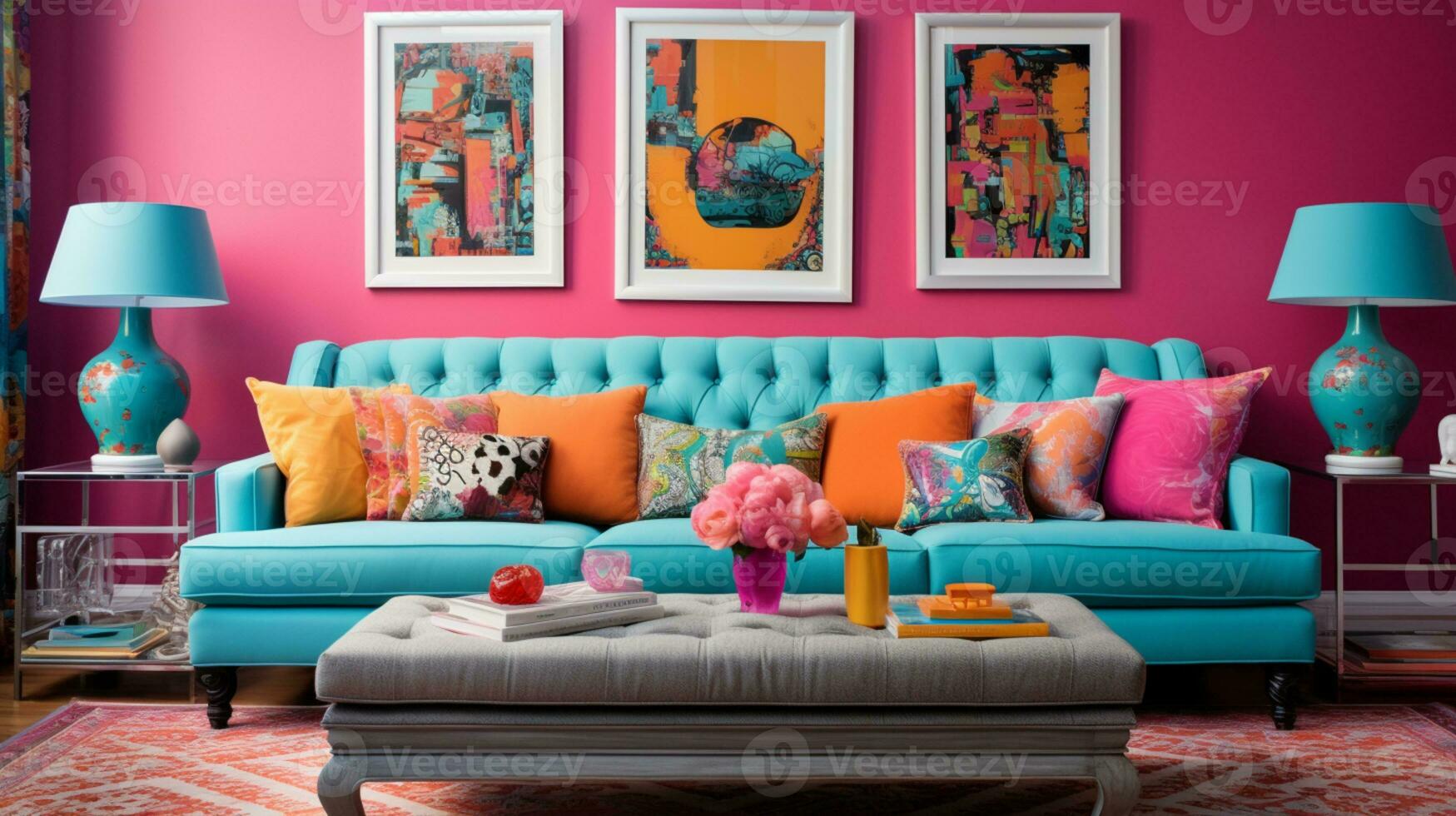 Furnished Modern Living room, bright blue and pink color palette, interior design, AI Generative photo