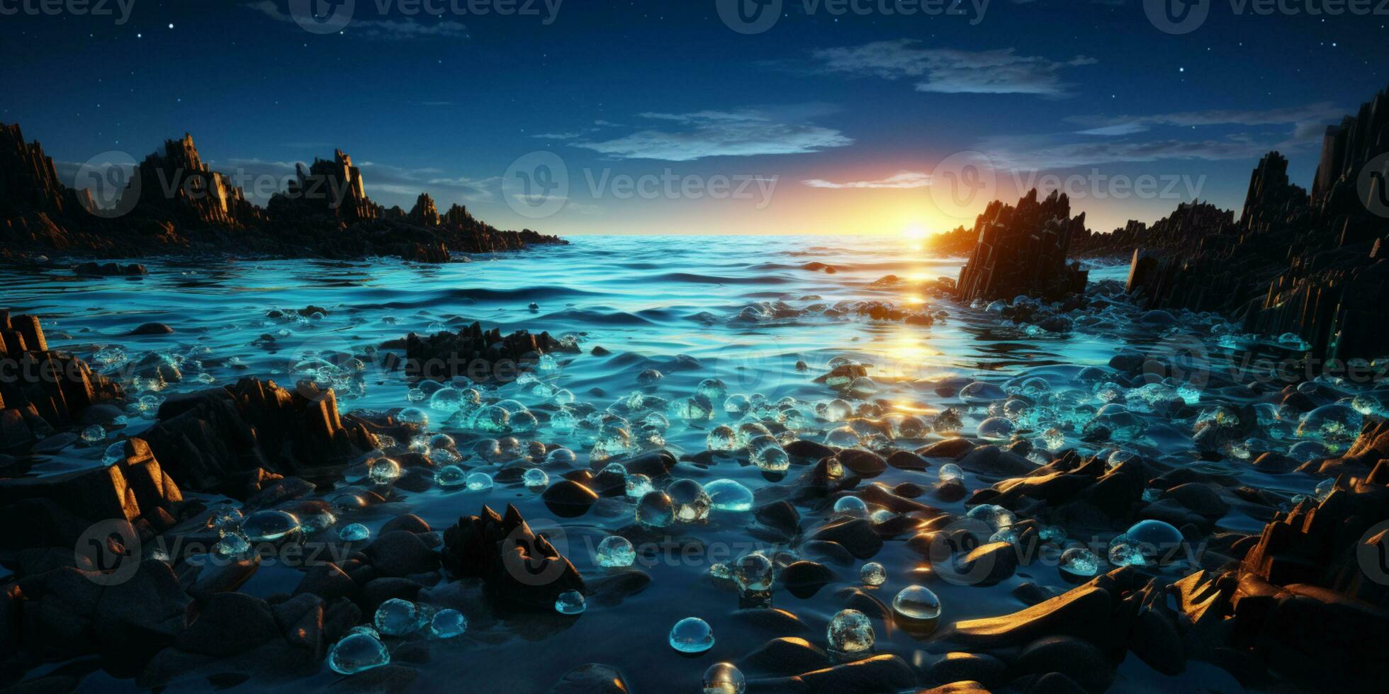 Beautiful Glass Beach, colorful pebbles, Fantasy seascape, dreamy atmosphere, AI Generative photo