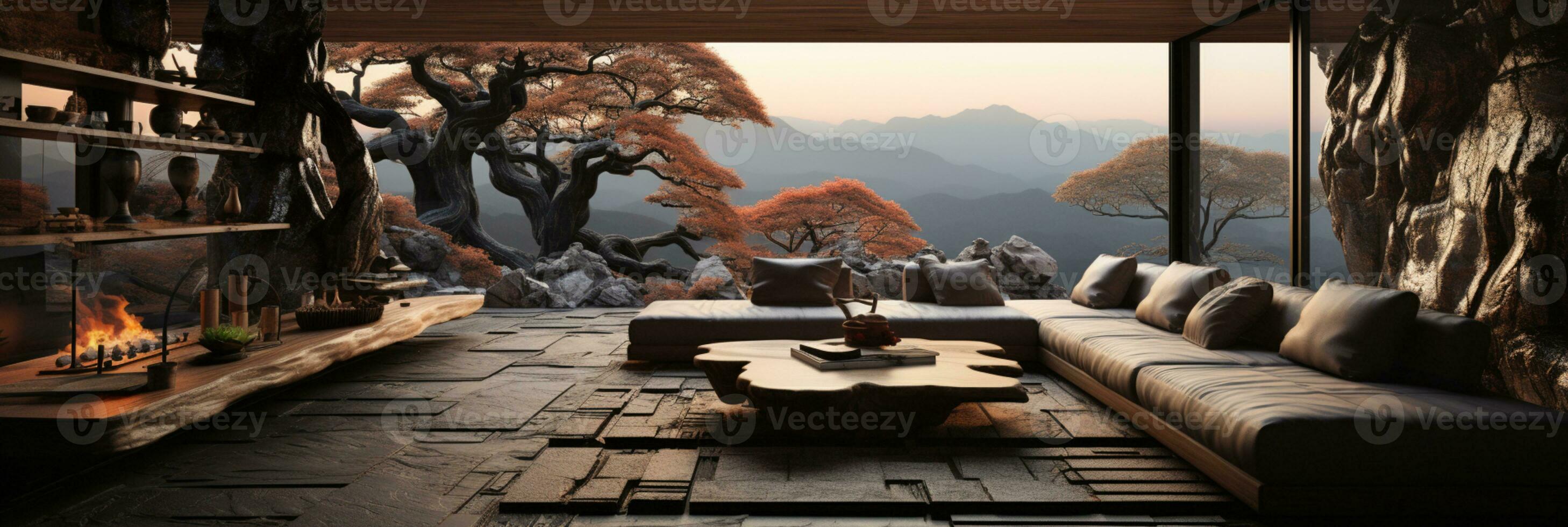 Interior Design, Living room with serene nature view, Beautiful mansion design in the forest, AI Generative photo