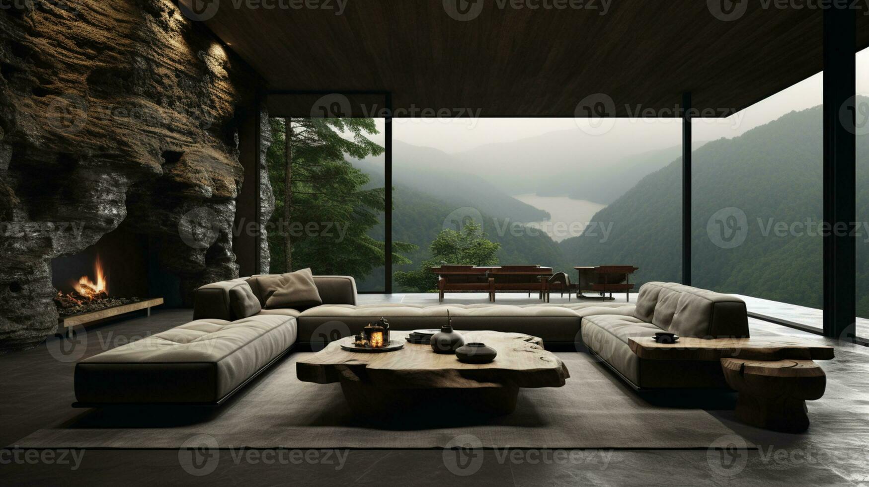 Interior Design, Living room with serene nature view, Beautiful mansion design in the forest, AI Generative photo