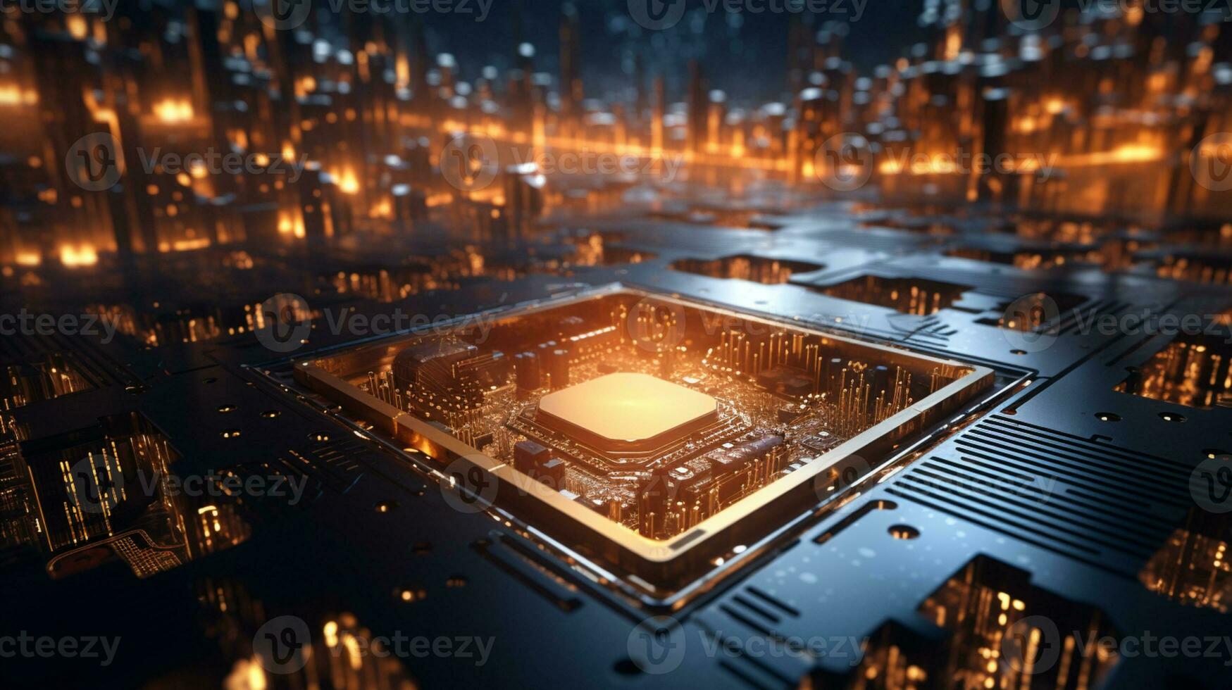 High-tech Computer chip close up shot, production of electronic, circuit board, futuristic design, extreme detail, AI Generative photo