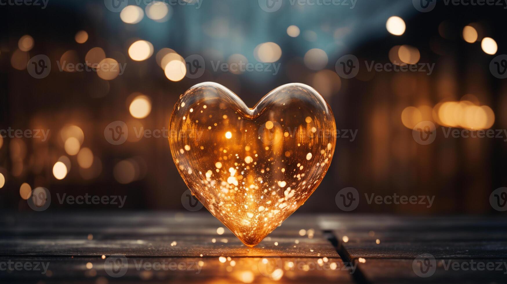 Sparkle Glowing Heart reflected lights, orange and gold, captivating visual, Romantic scenery, dreamy, copy space, greeting card, AI Generative photo