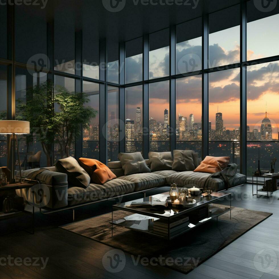 Interior Design modern Living room, windows show stunning view of the city skyline, Empty room apartment, AI Generative photo