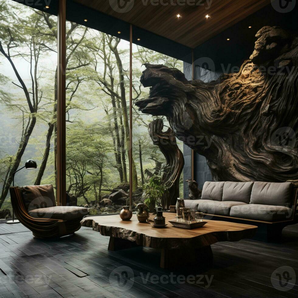 Interior Design, Living room with serene nature view, Beautiful mansion design in the forest, AI Generative photo