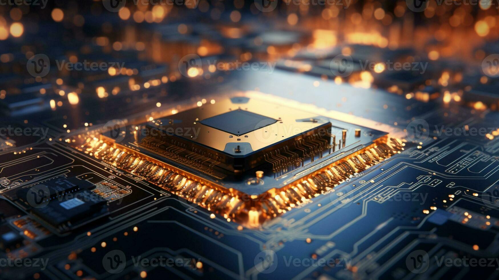 High-tech Computer chip close up shot, production of electronic, circuit board, futuristic design, extreme detail, AI Generative photo