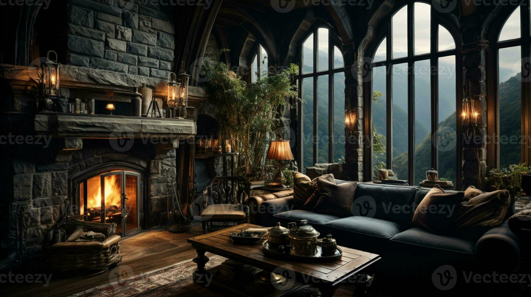 Interior Design, Beautiful Living room Gothic Style, Luxury Mansion, Elegant tall window, AI Generative photo
