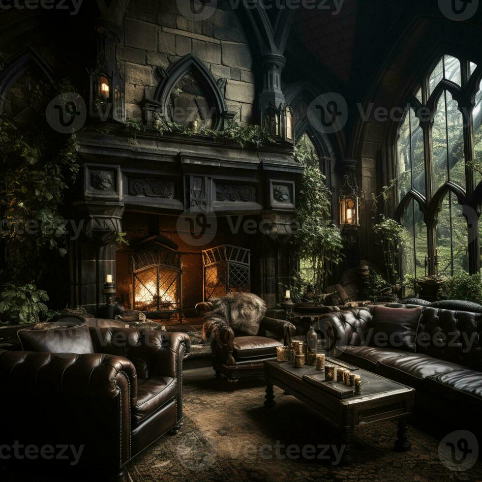 Interior Design, Beautiful Living room Gothic Style, Luxury Mansion, Elegant tall window, AI Generative photo