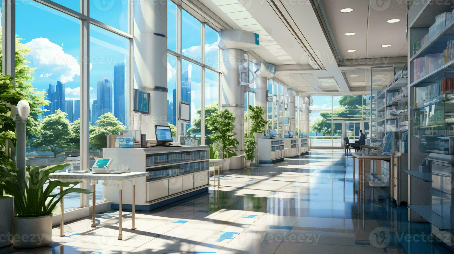 Modern scientific chemical medical research laboratory with equipment and flasks for conducting research and testing experiments photo