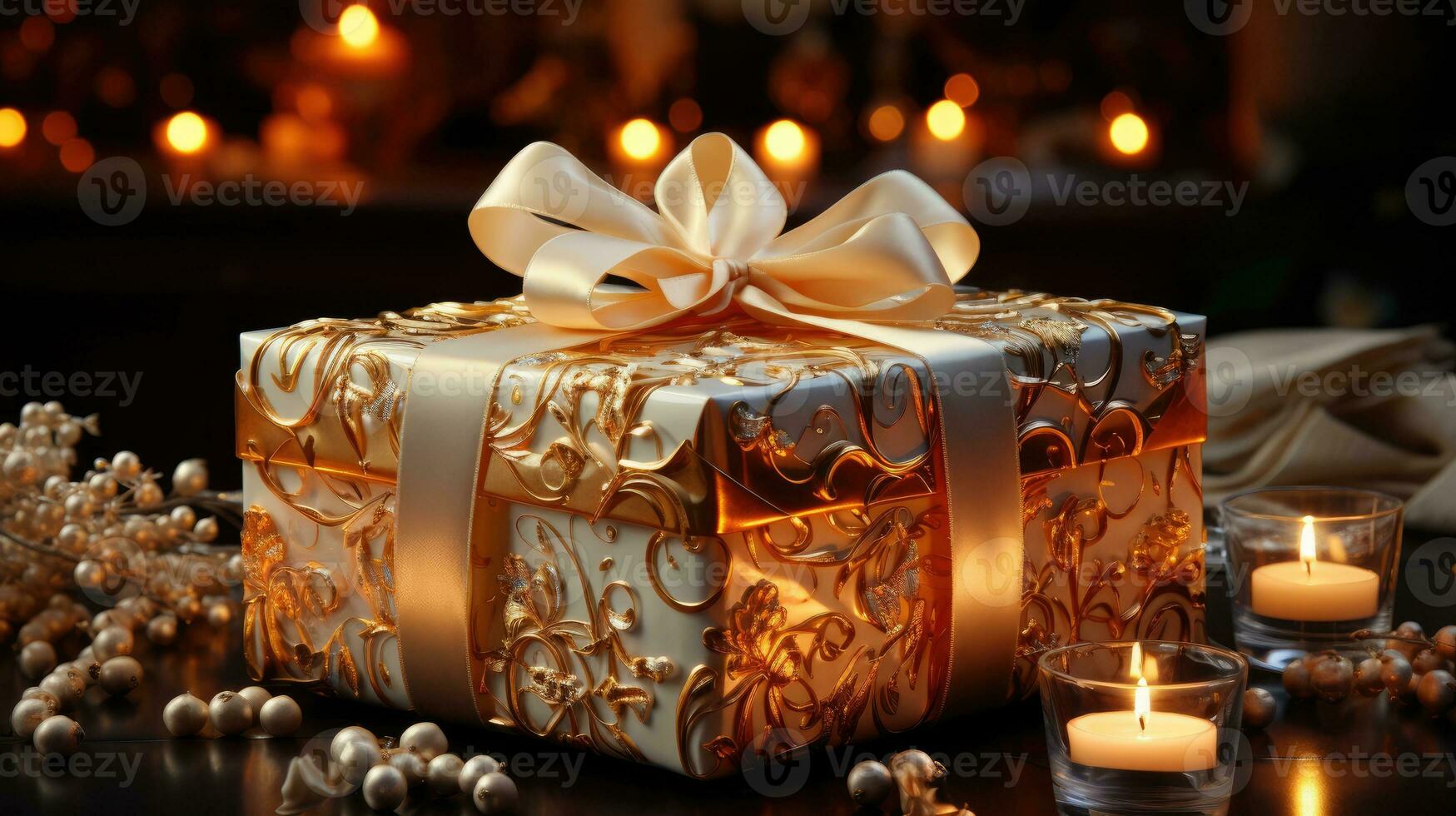 Christmas winter new year festive beautiful gift box and burning candles photo