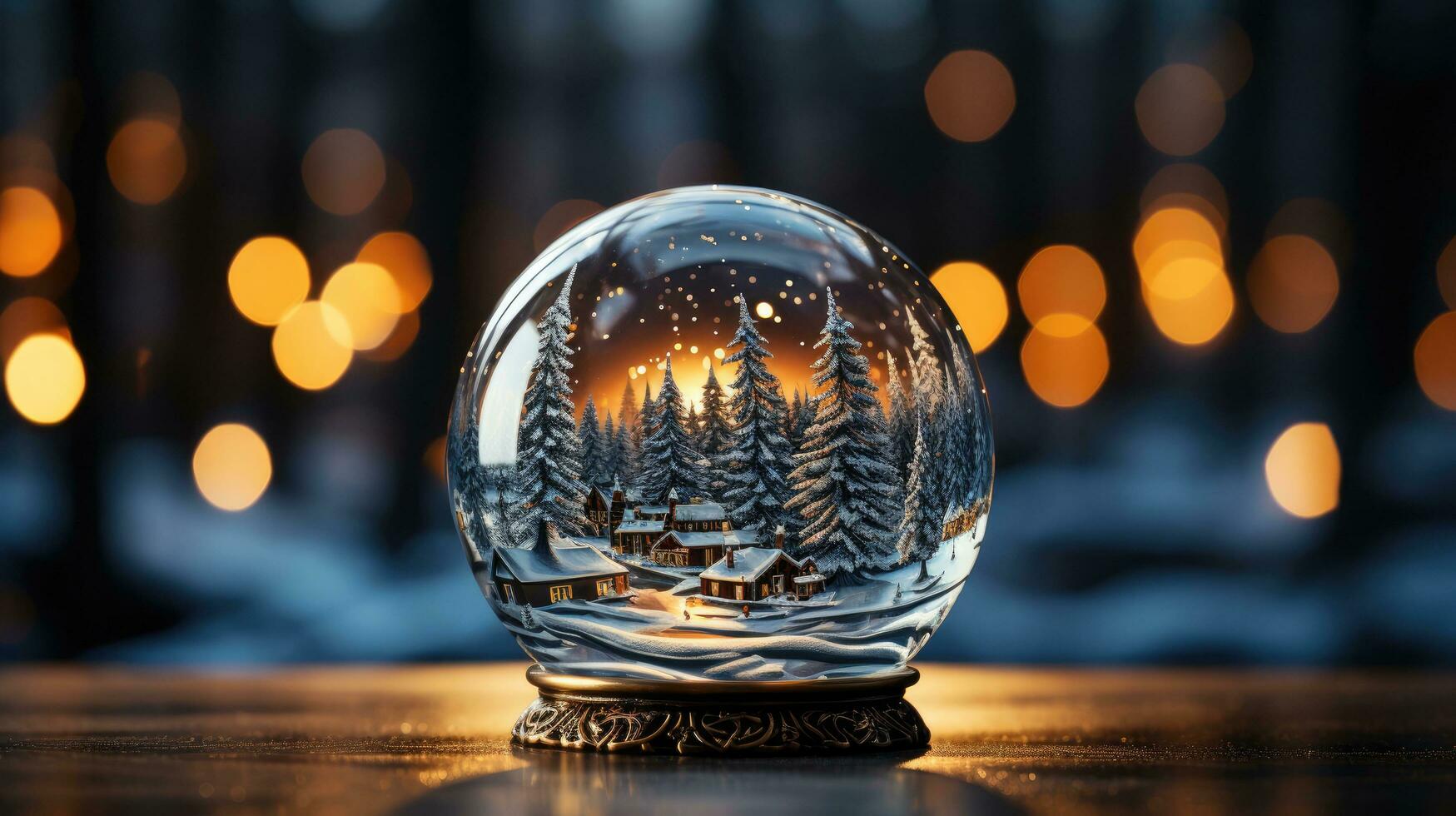 Christmas winter new year holiday glass ball with snow covered fir forest photo