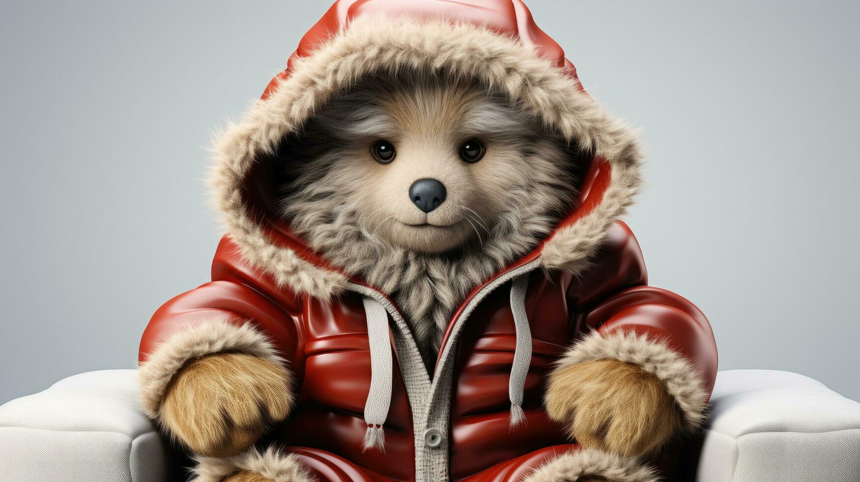 Cute bear in a jacket and hood in the snowy winter for the Christmas and New Year holiday photo