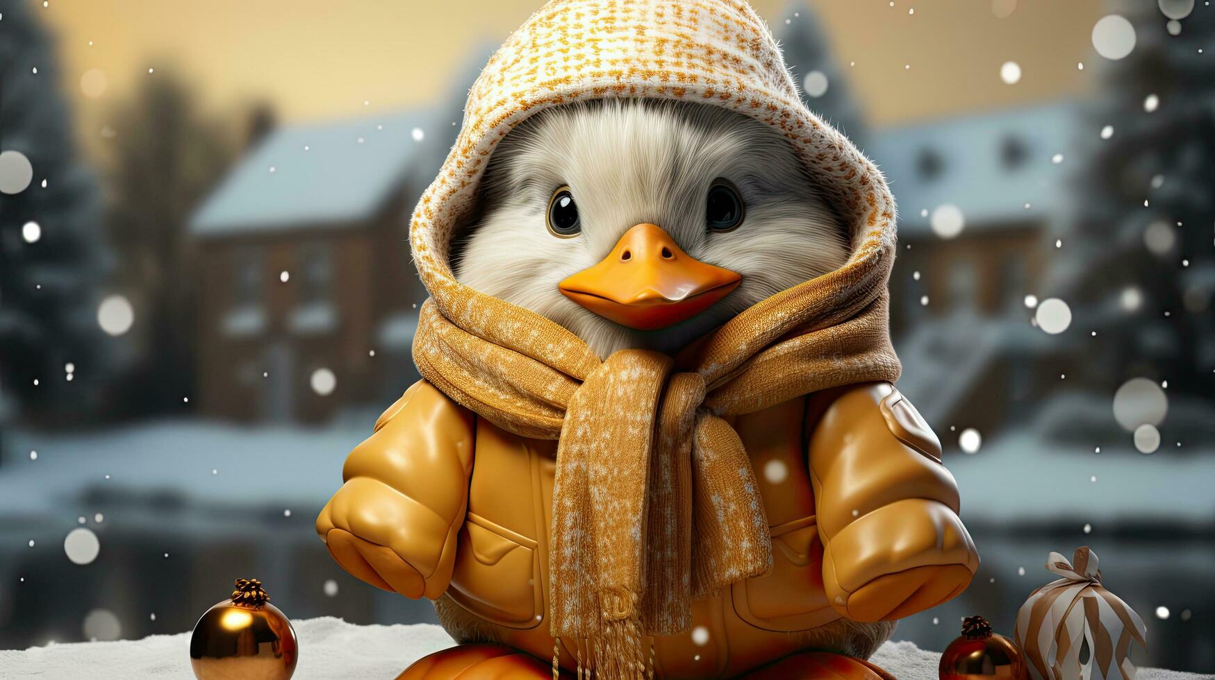 Cute duck in a jacket and hood in snowy winter for Christmas and New Year holiday photo
