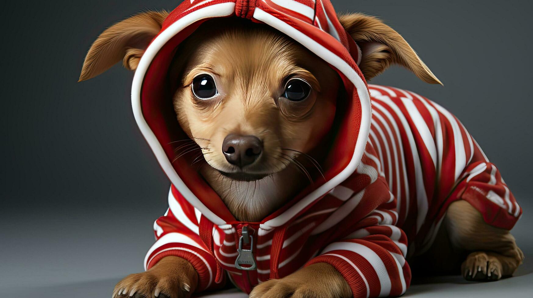 Cute dog in a jacket and hood in the snowy winter for the Christmas and New Year holiday photo