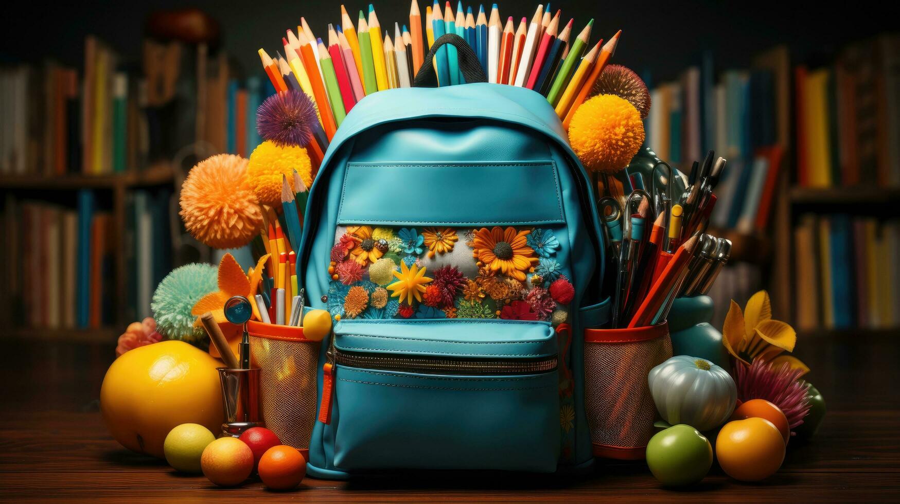 School backpack for textbooks pens pencils books and other educational supplies for learning, back to school concept photo