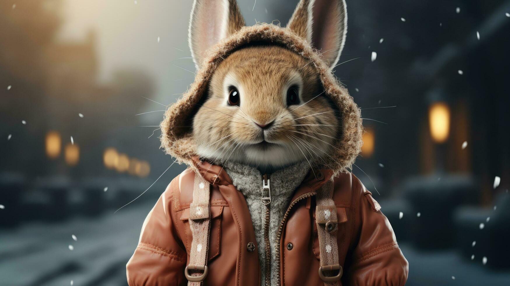 Cute rabbit in a jacket and hood in the snowy winter for the Christmas and New Year holiday photo
