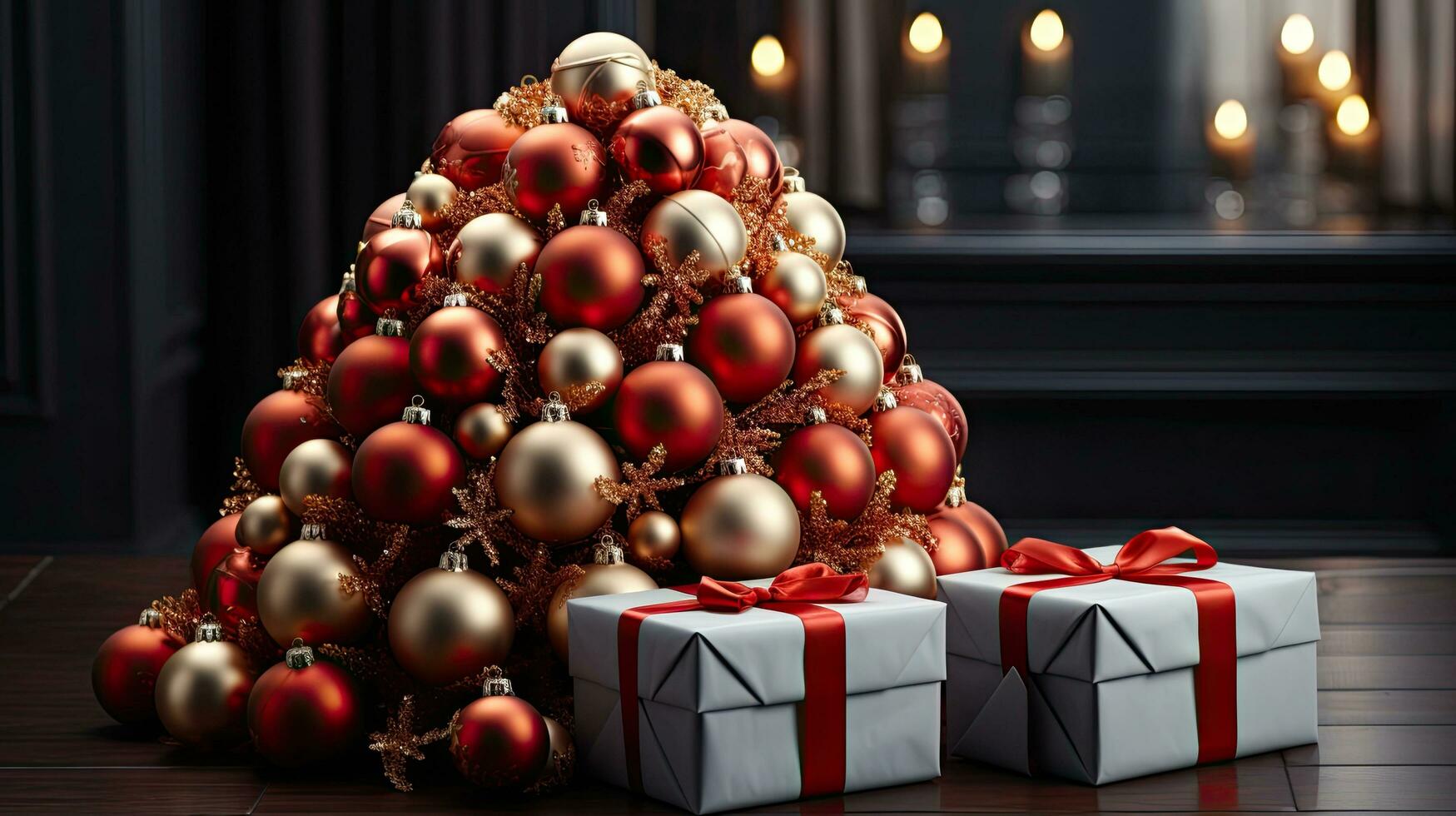 Christmas winter new year holiday tree made of balls of Christmas decorations and gifts photo