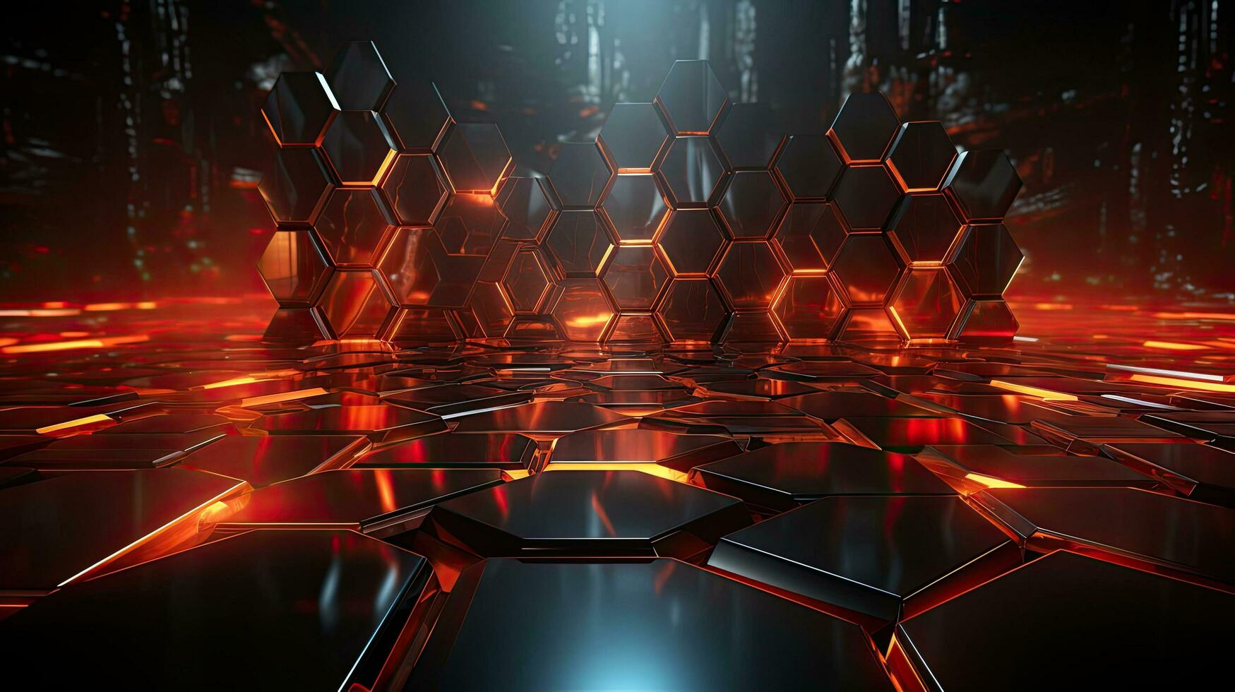 Dark abstract background of hexagonal cells and squares with a futuristic hi-tech energy glow photo