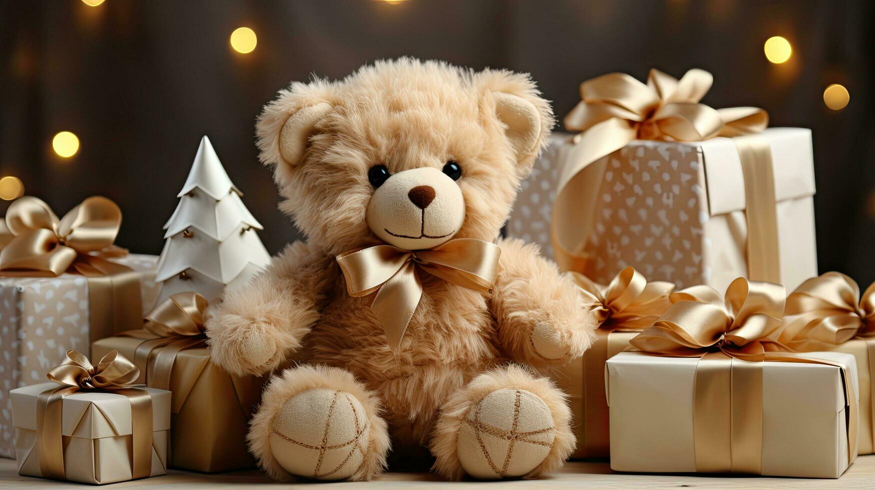 Cute plush toy soft bear and boxes with gifts for Christmas and New Year photo