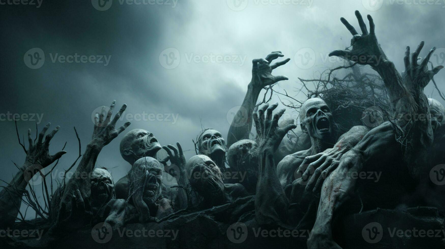 Ghost scenery Halloween background, Zombie Apocalypse, scary haunted cemetery, AI Generative photo