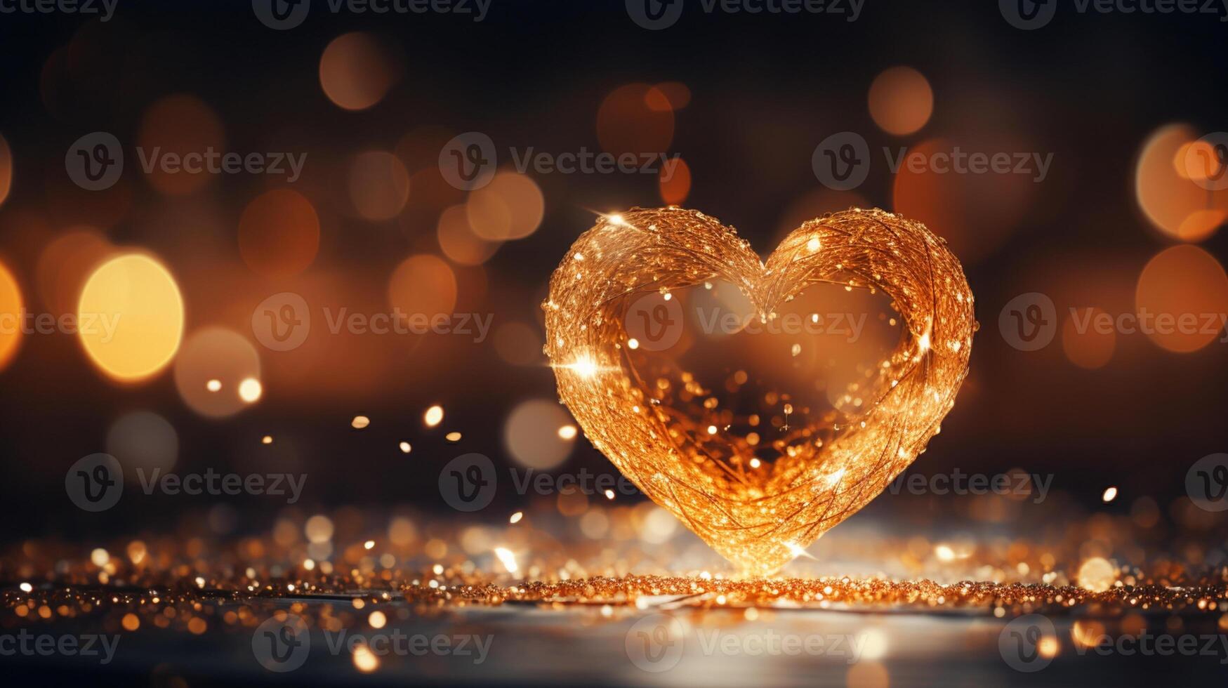 Sparkle Glowing Heart reflected lights, orange and gold, captivating visual, Romantic scenery, dreamy, copy space, greeting card, AI Generative photo