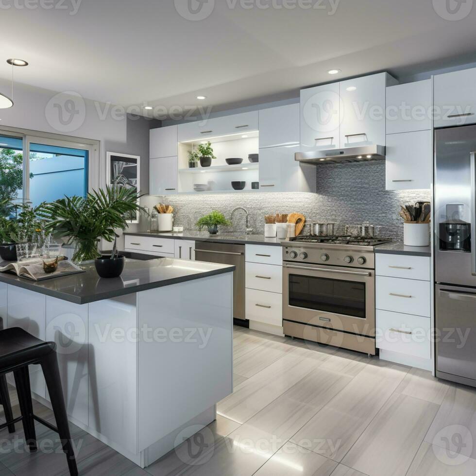 Sleek furnished kitchen, stylish Beautiful cooking area, interior design, AI Generative photo