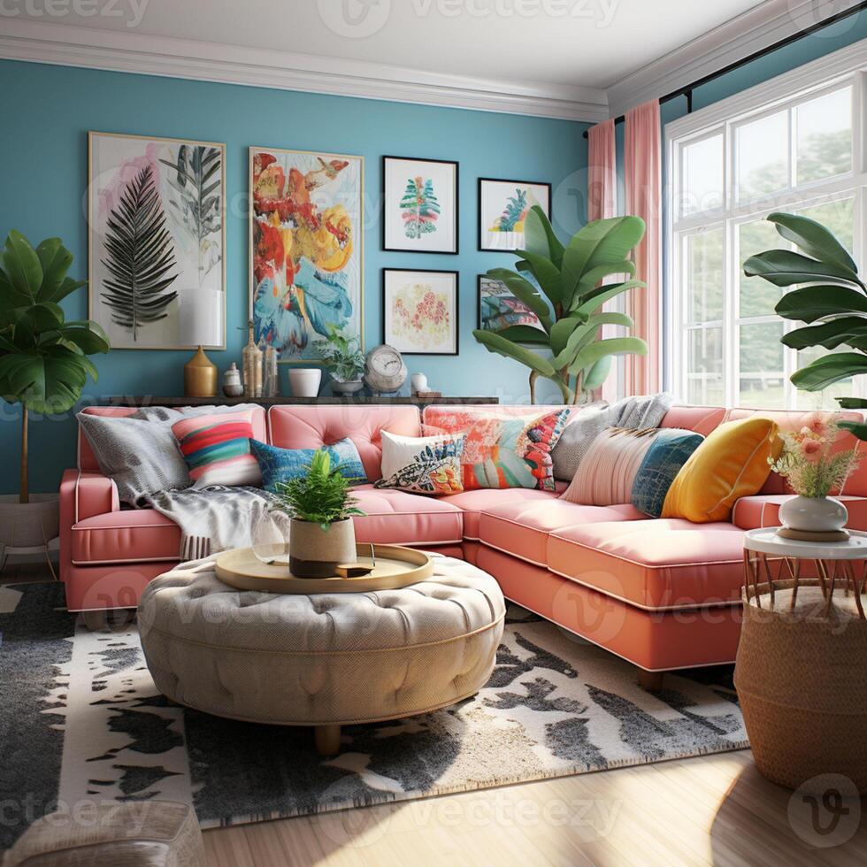 Furnished Modern Living room, bright blue and pink color palette, interior design, AI Generative photo