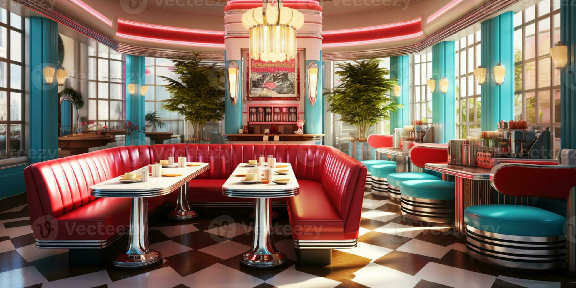 Retro vintage diner restaurant, interior design, stylish old fashioned design concept, AI Generative photo