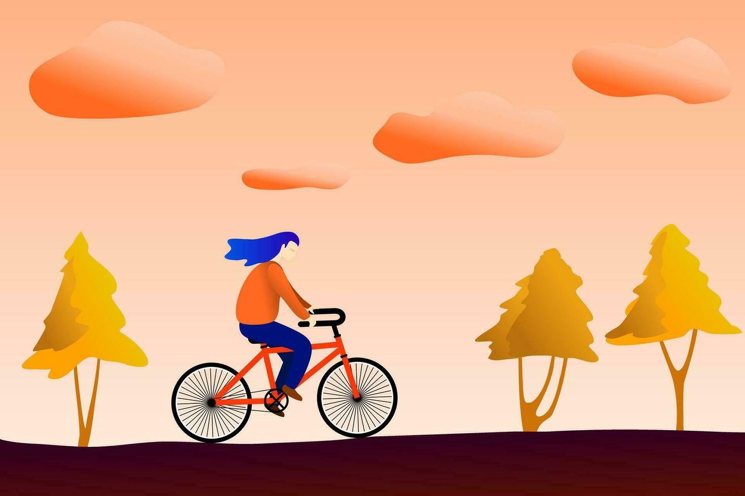 woman riding an orange bicycle alone at sunset with cloud and tree. sport relax outdoor recreation concept. vector illustration background.