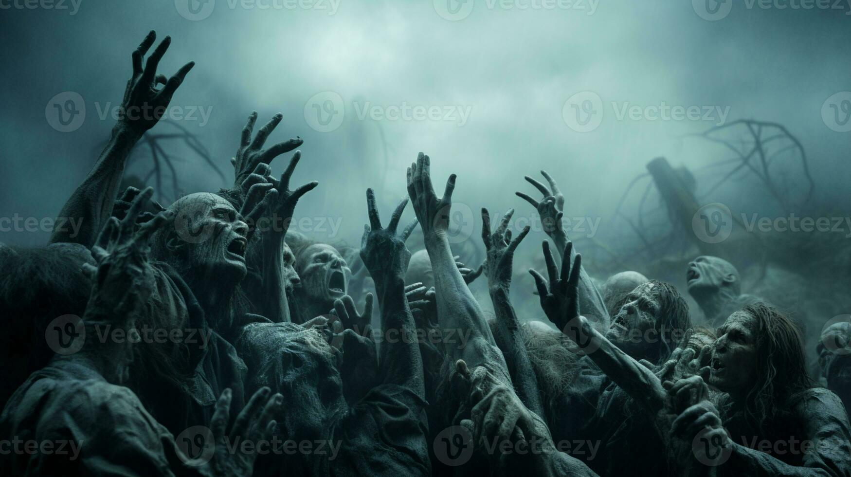 Ghost scenery Halloween background, Zombie Apocalypse, scary haunted cemetery, AI Generative photo