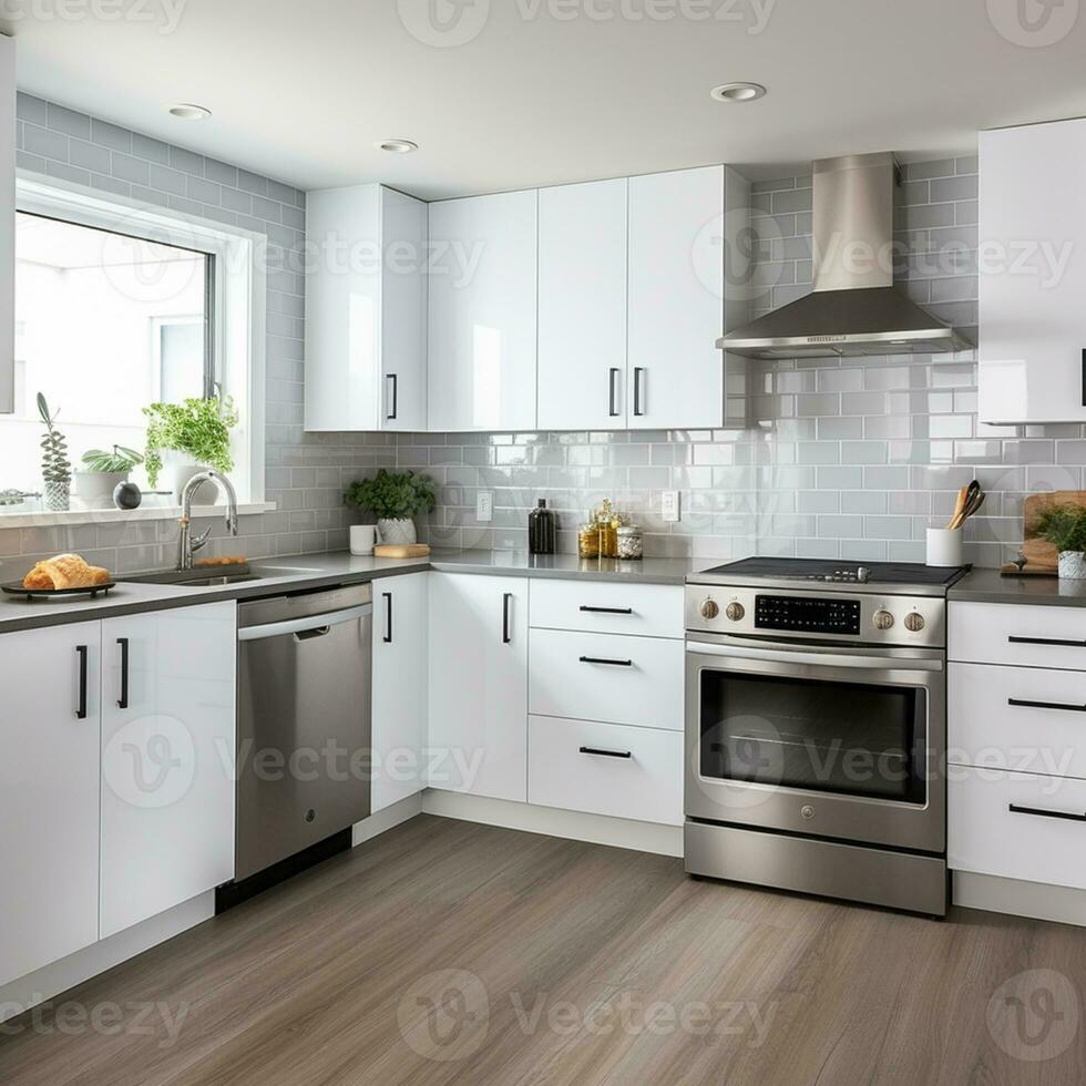 Sleek furnished kitchen, stylish Beautiful cooking area, interior design, AI Generative photo