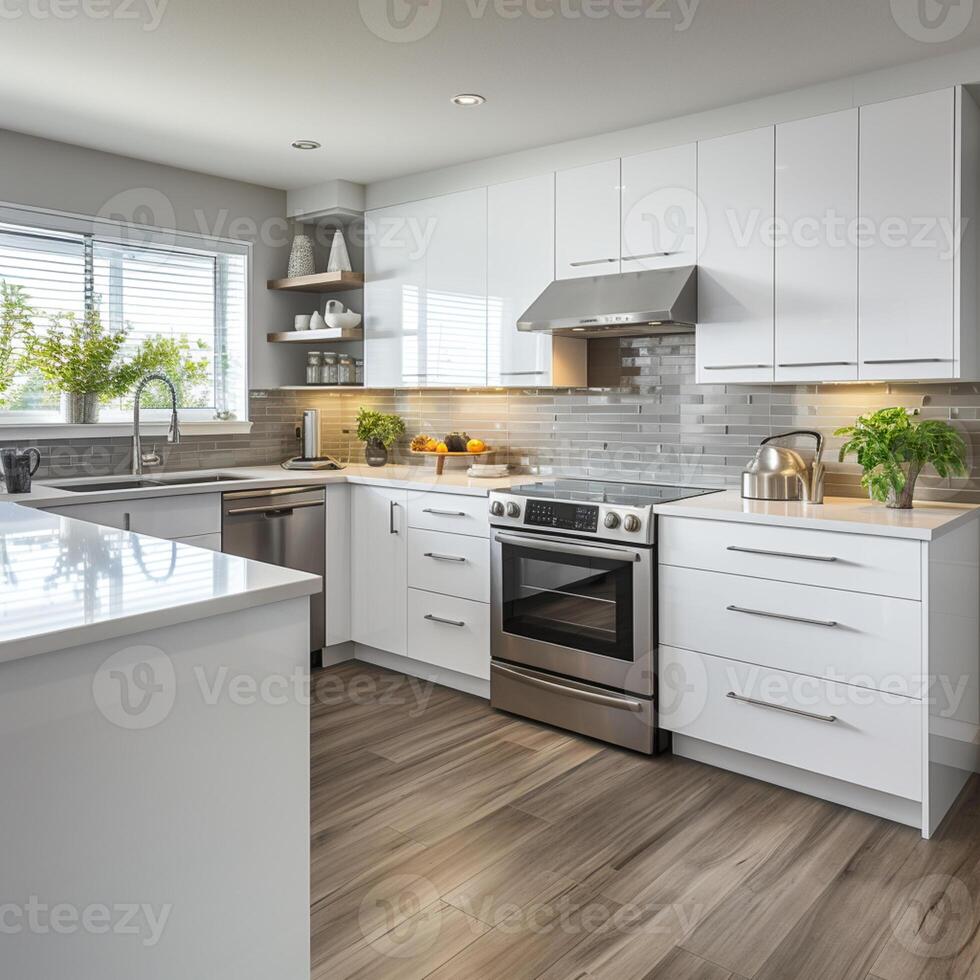 Sleek furnished kitchen, stylish Beautiful cooking area, interior design, AI Generative photo