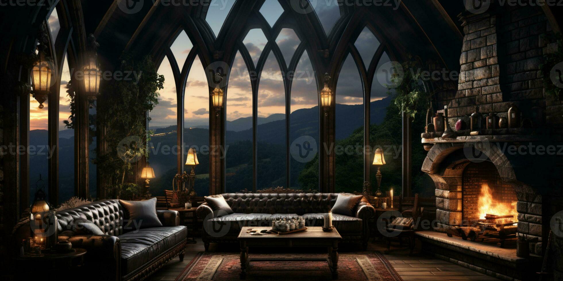Interior Design, Beautiful Living room Gothic Style, Luxury Mansion, Elegant tall window, AI Generative photo