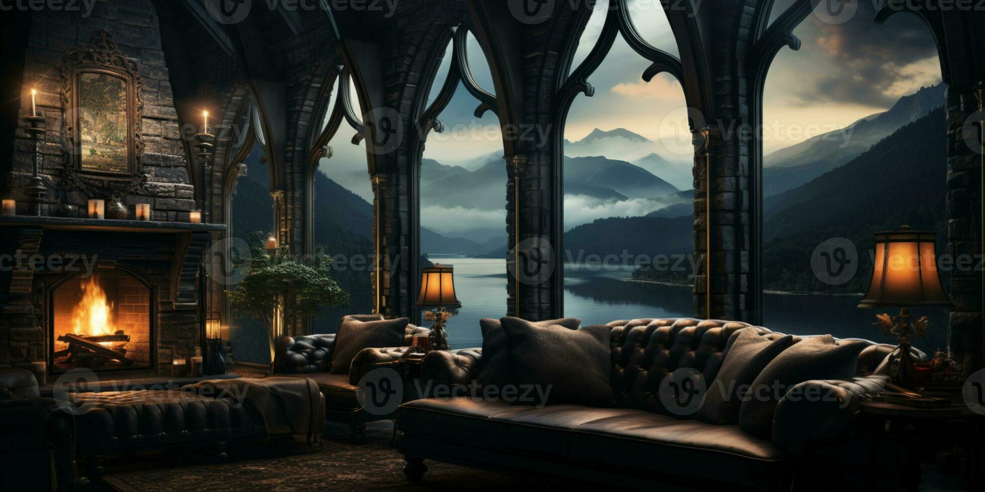 Interior Design, Beautiful Living room Gothic Style, Luxury Mansion, Elegant tall window, AI Generative photo