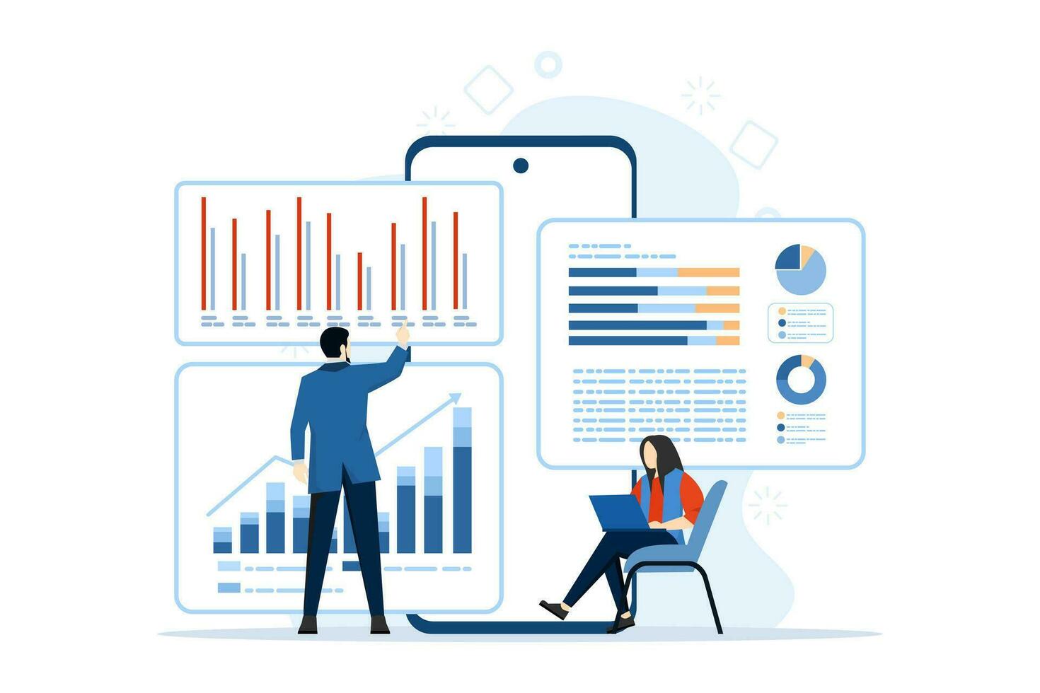 accounting or finance concepts, business plans and budgets, analyst, accountant, economics, accounting, consulting, tax forms, tax filing, audit services, business strategy. flat abstract illustration vector