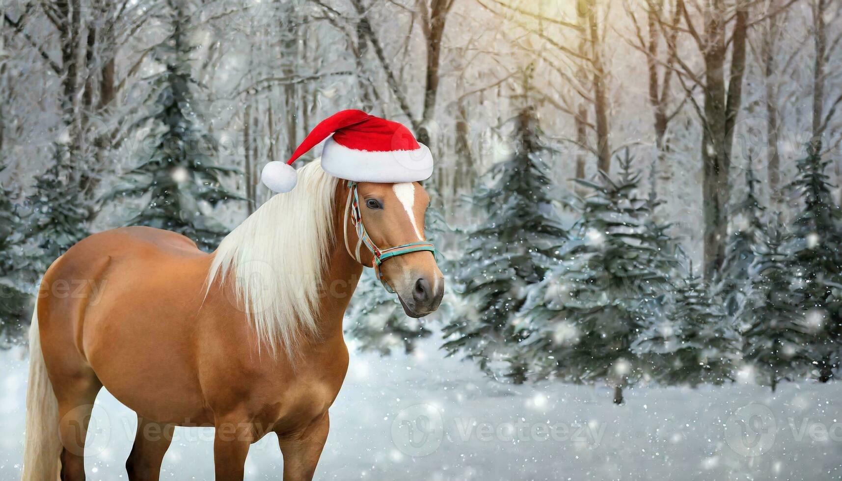 Horse in winter, wearing Santa Claus hat. Ai Generative. photo